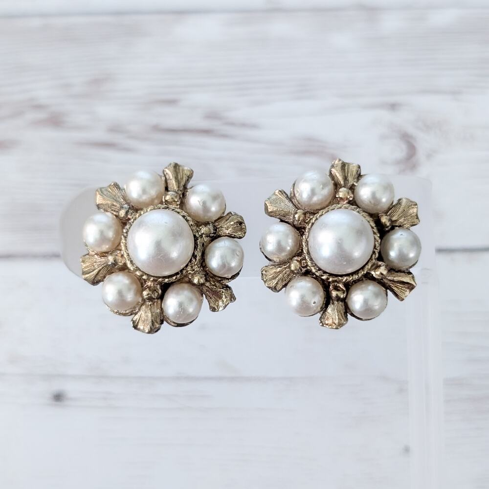 Vintage Clip On Earrings Faux Pearl & Gold Tone - Gold Tone Dulling